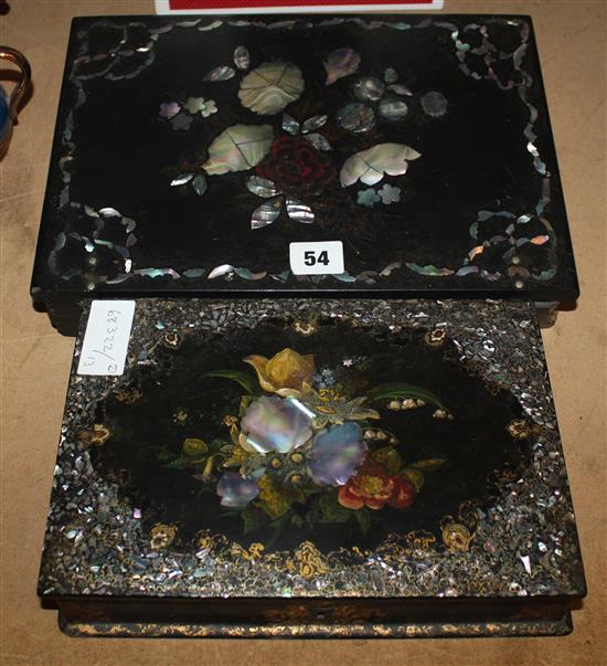 Two Victorian mother of pearl inlaid black lacquered boxes